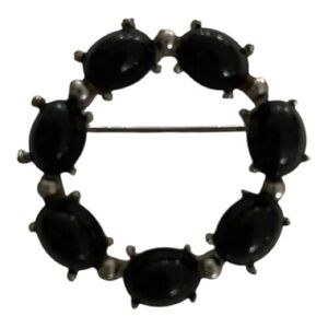 Brooch, Black Turtles in a Circle, Vintage, Silver w/Smooth Black Stones.